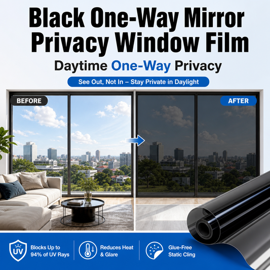 Black One-Way Mirror Privacy Window Film - Heat Insulation, 94% UV Blocking, Daytime Privacy for Home & Office