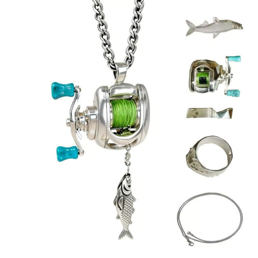 Fishing Reel Necklace Rotating Handle Swirling Reel Pendant Keychain