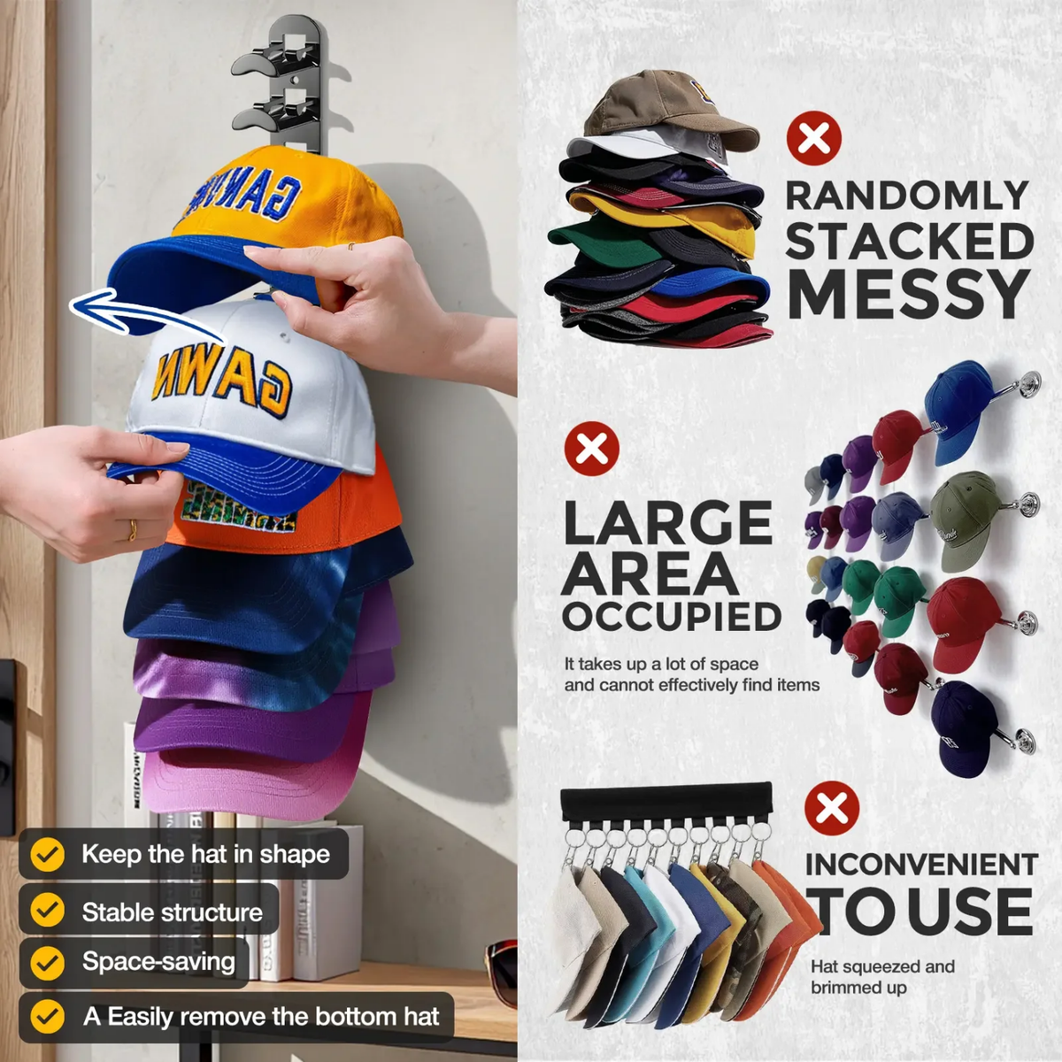 Wall-Mounted Hat Rack for Baseball Caps – Holds 10 Hats
